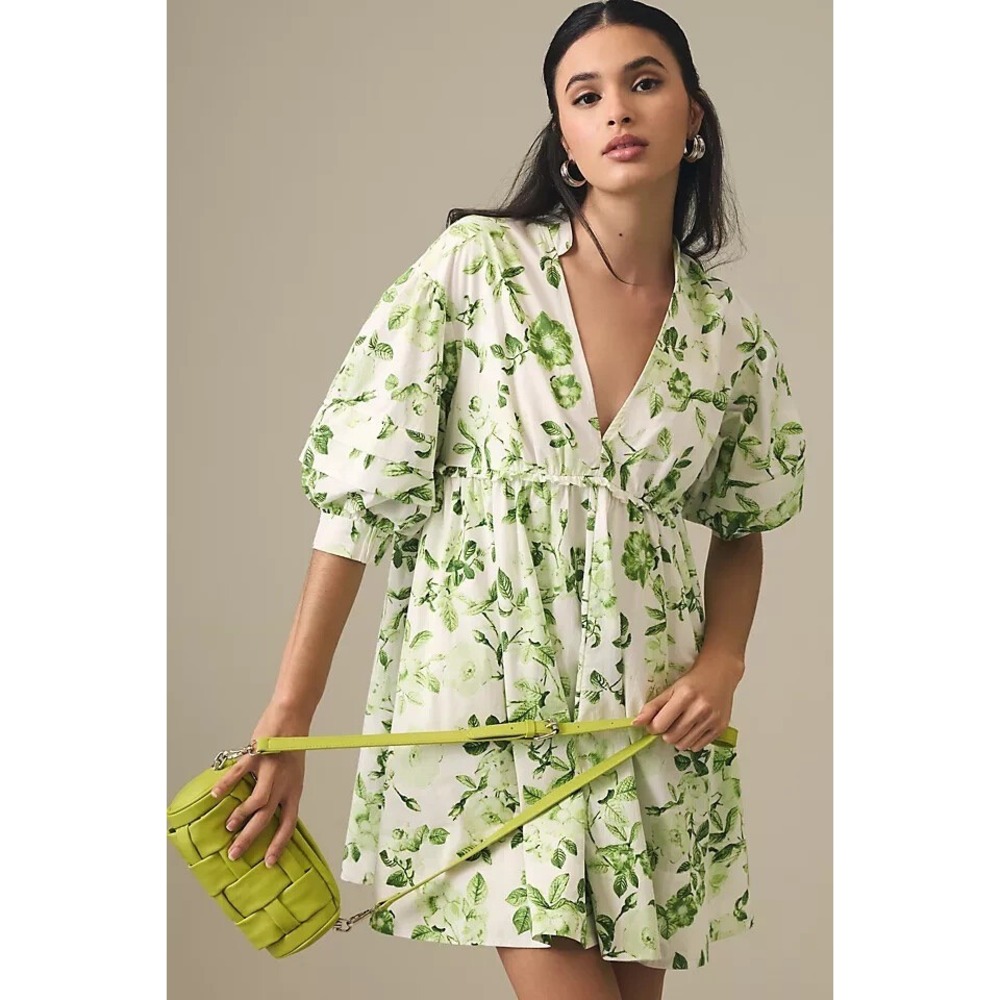 Maeve Anthropologie Textured Floral Puff Sleeve V-Neck Mini Dress Green XS